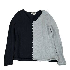 Seventh Avenue Womens Large V-Neck Colorblock Split Knit Cotton Sweater